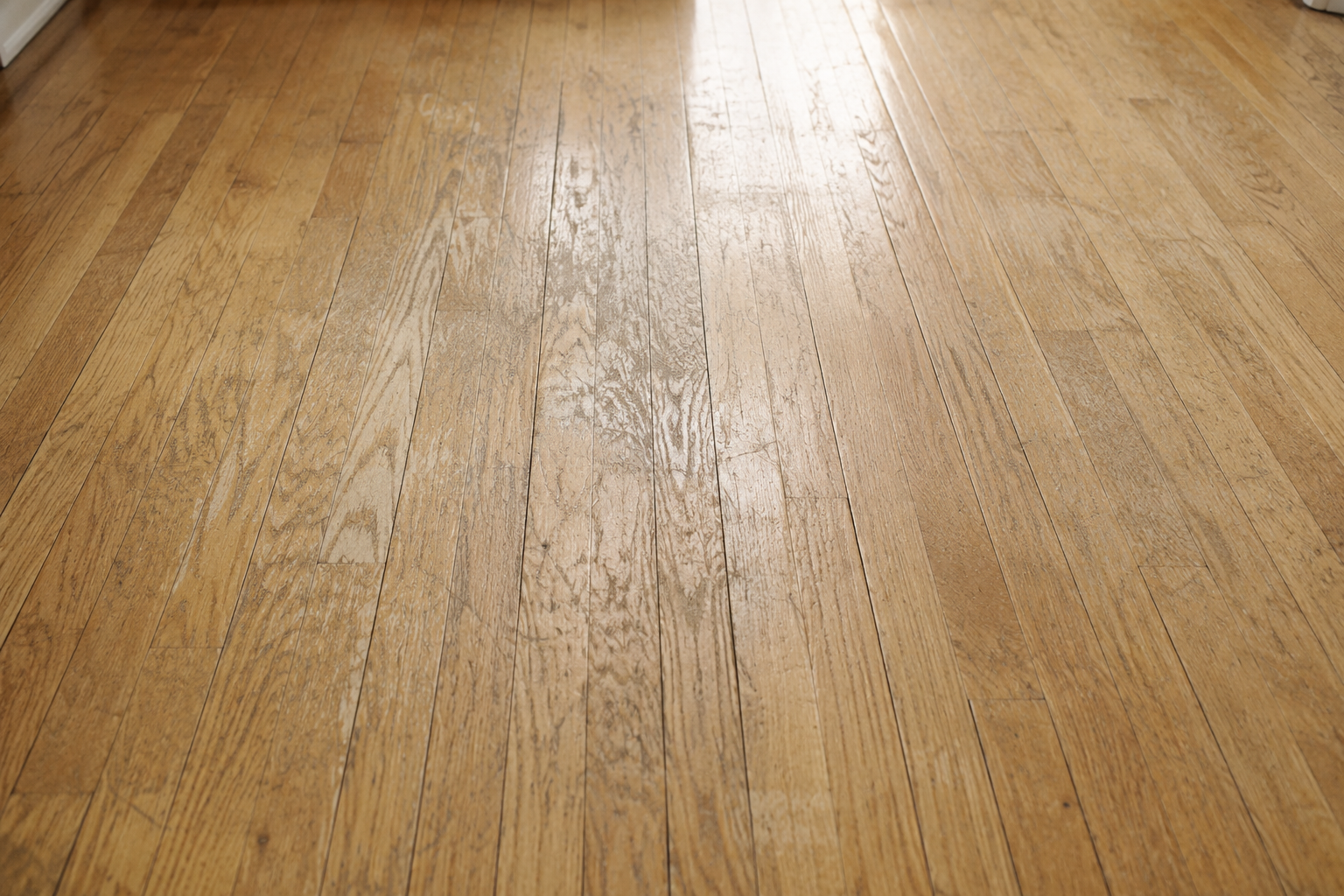 Scratched and faded natural hardwood flooring with visible wear patterns, surface scuffs, and uneven finish caused by years of foot traffic and sunlight exposure.