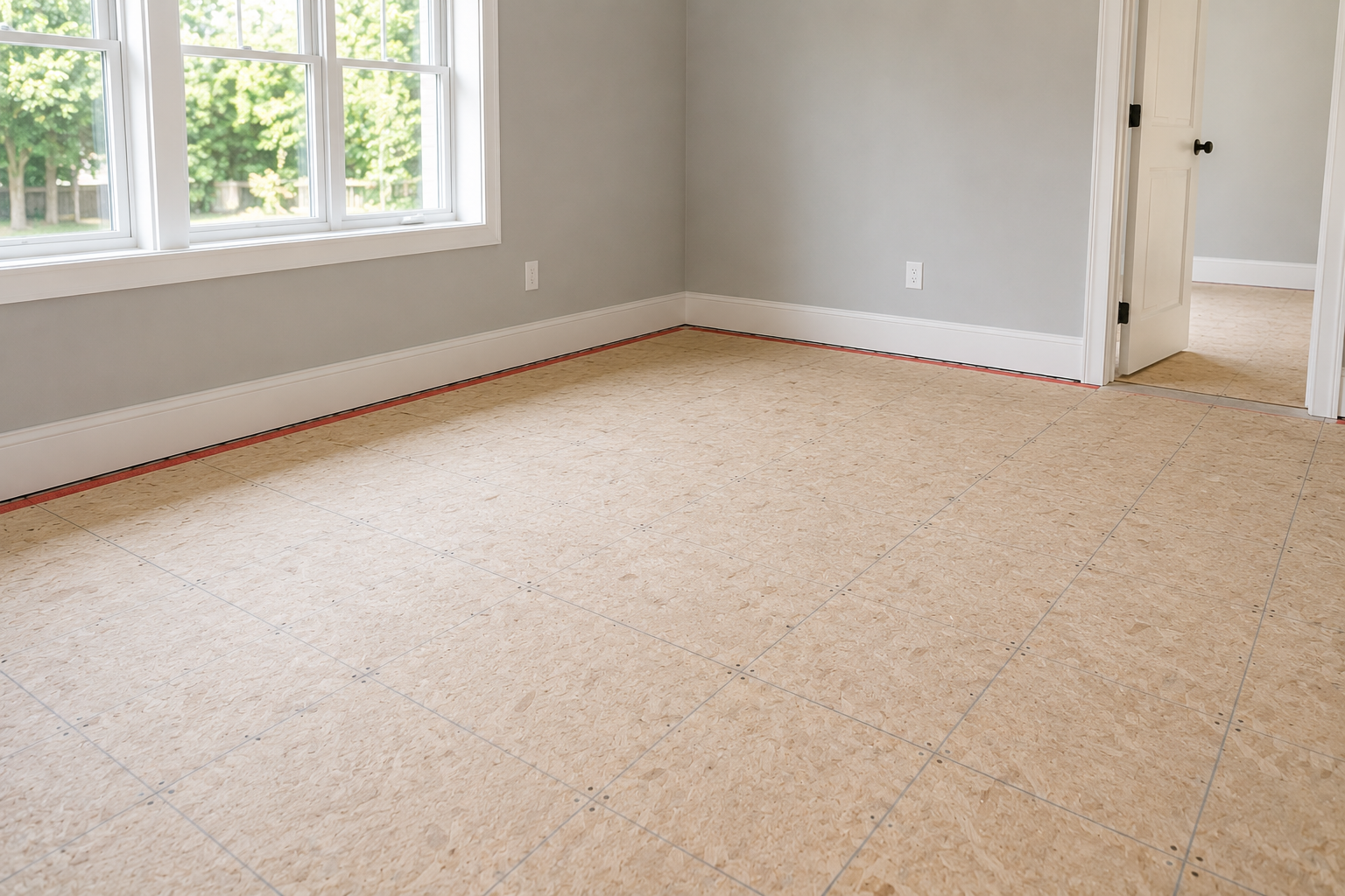 Empty residential room prepared for new flooring installation, featuring a clean subfloor, neutral walls, natural light from large windows, and open space ready for flooring installation in a North Texas home.