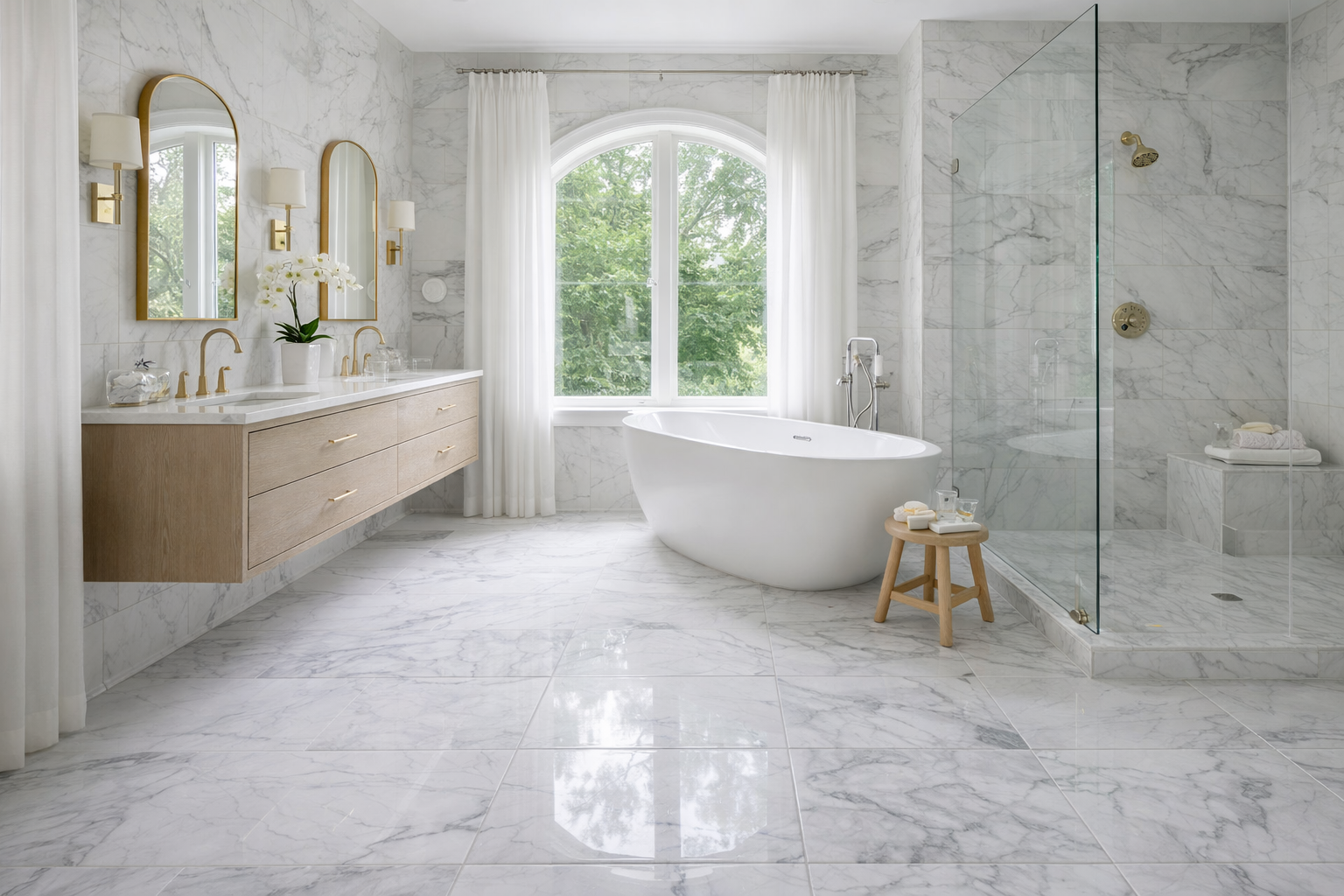 Spa-style bathroom in a McKinney, Texas home featuring marble tile flooring and walls with a freestanding tub, glass shower, and soft natural light.