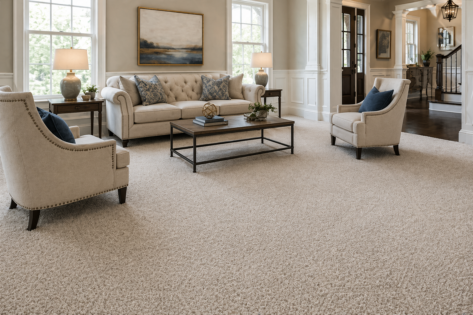 Formal living room in a residential home featuring soft beige saxony carpet with a plush, uniform texture, paired with a neutral sofa, upholstered armchairs, wood coffee table, and large windows allowing natural light across the carpeted floor.