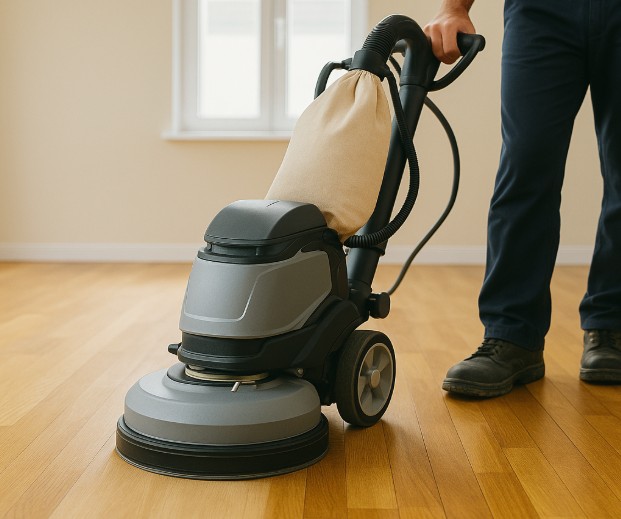 A flooring contractor standing with a sanding machine during the process of a hardwood floor refinishing job.  You can see where the floors have been cleanly sanded in prepartion for their new stain and protective finish.