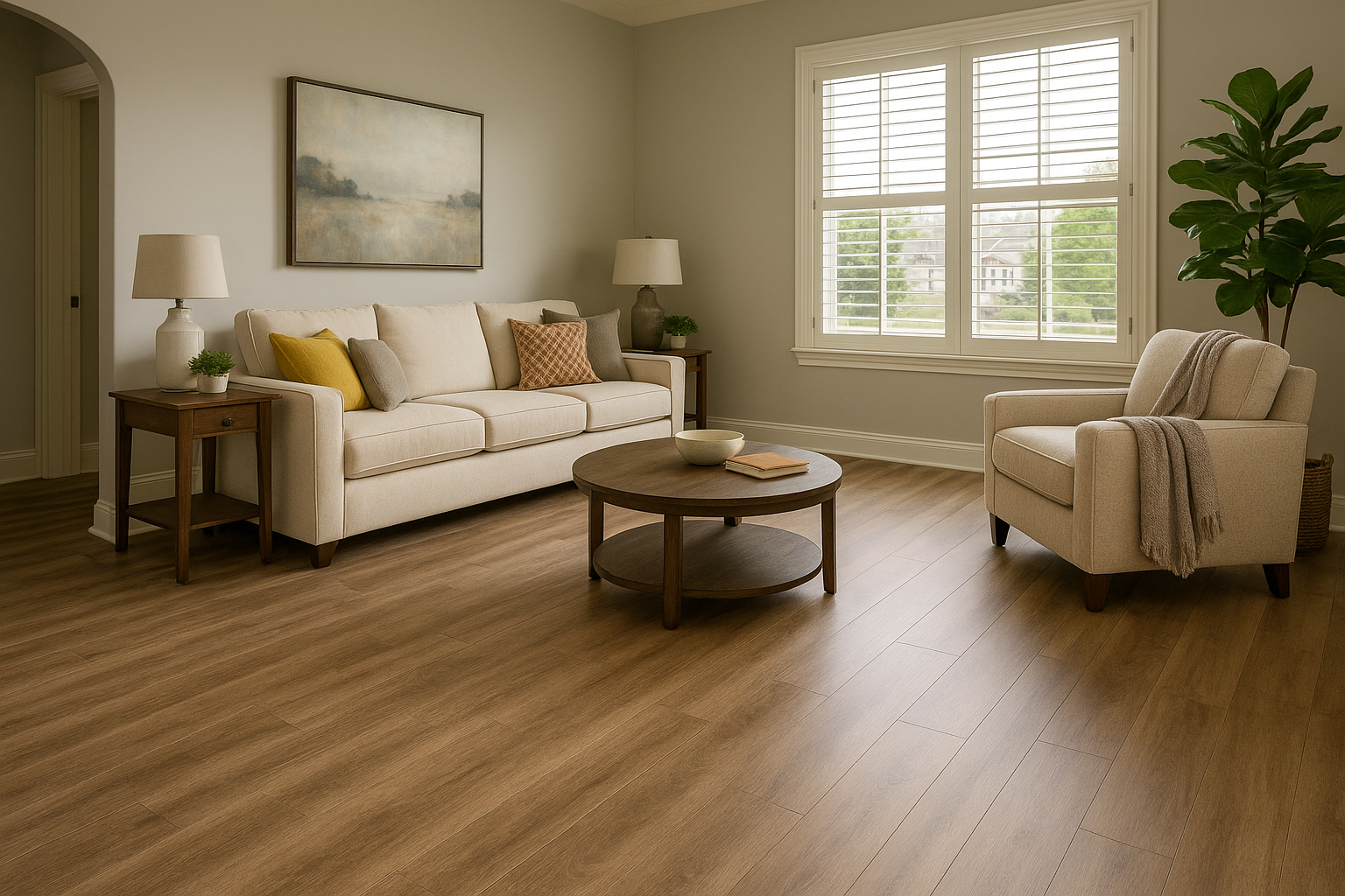 A beautifully styled living room in a McKinney, Texas home featuring warm-tone luxury vinyl plank flooring. The space includes a cream-colored sofa with accent pillows, a rounded wooden coffee table, an upholstered armchair, and white plantation shutters 