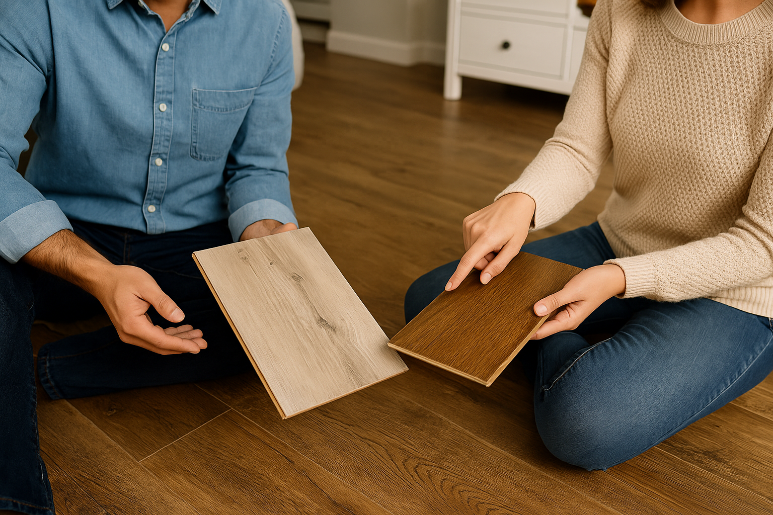 A man and woman sit on a laminate floor in a McKinney, Texas home, closely comparing two flooring samples. The woman, dressed in a beige sweater and jeans, points to a medium-toned luxury vinyl plank, while the man, in a chambray shirt and dark pants, hol