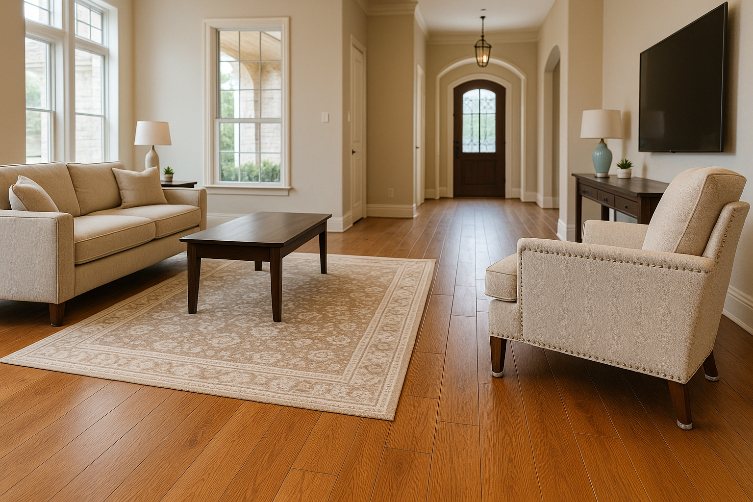 A well-lit, upscale McKinney, Texas living room featuring warm-toned hardwood flooring and a custom-made neutral area rug centered beneath a dark wood coffee table. The room includes light beige upholstered furniture with visible felt pads under the legs 