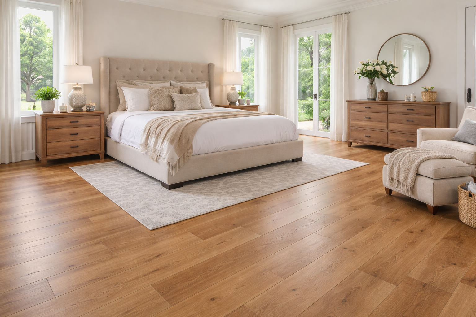 Master bedroom in a McKinney, Texas home featuring Shaw Floors engineered hardwood flooring with warm wood tones and natural light.